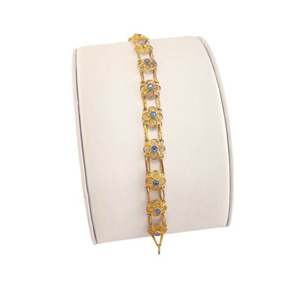 Vintage Gold-Plated Floral Bracelet With Blue Gemstone Accents - Picture 2 of 9